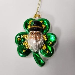 Irish Leprechaun Shamrock Blown Glass Xmas Ornamen